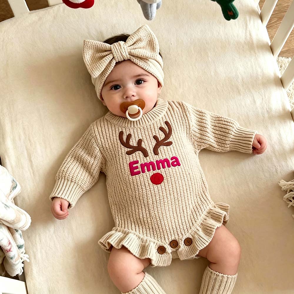 Personalized Embroidered Reindeer Baby Romper Set With Bow Headband & Socks | MCGift388
