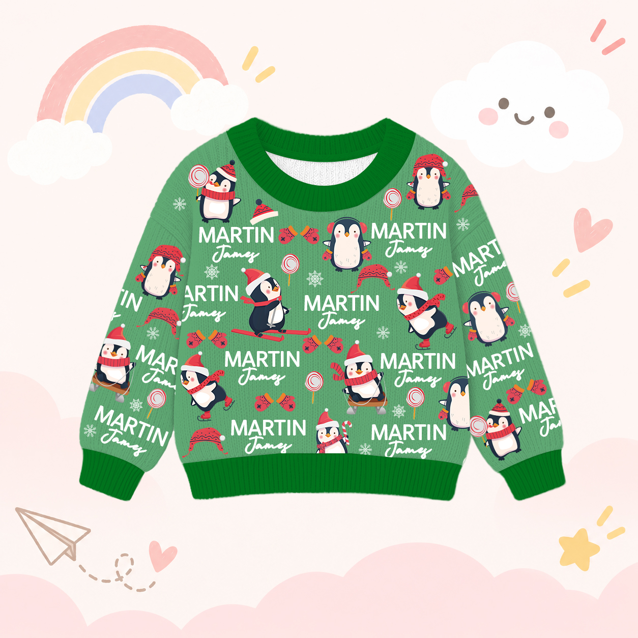 Personalized Lovely Kids Christmas Penguin Knit Sweater | CWSweater14
