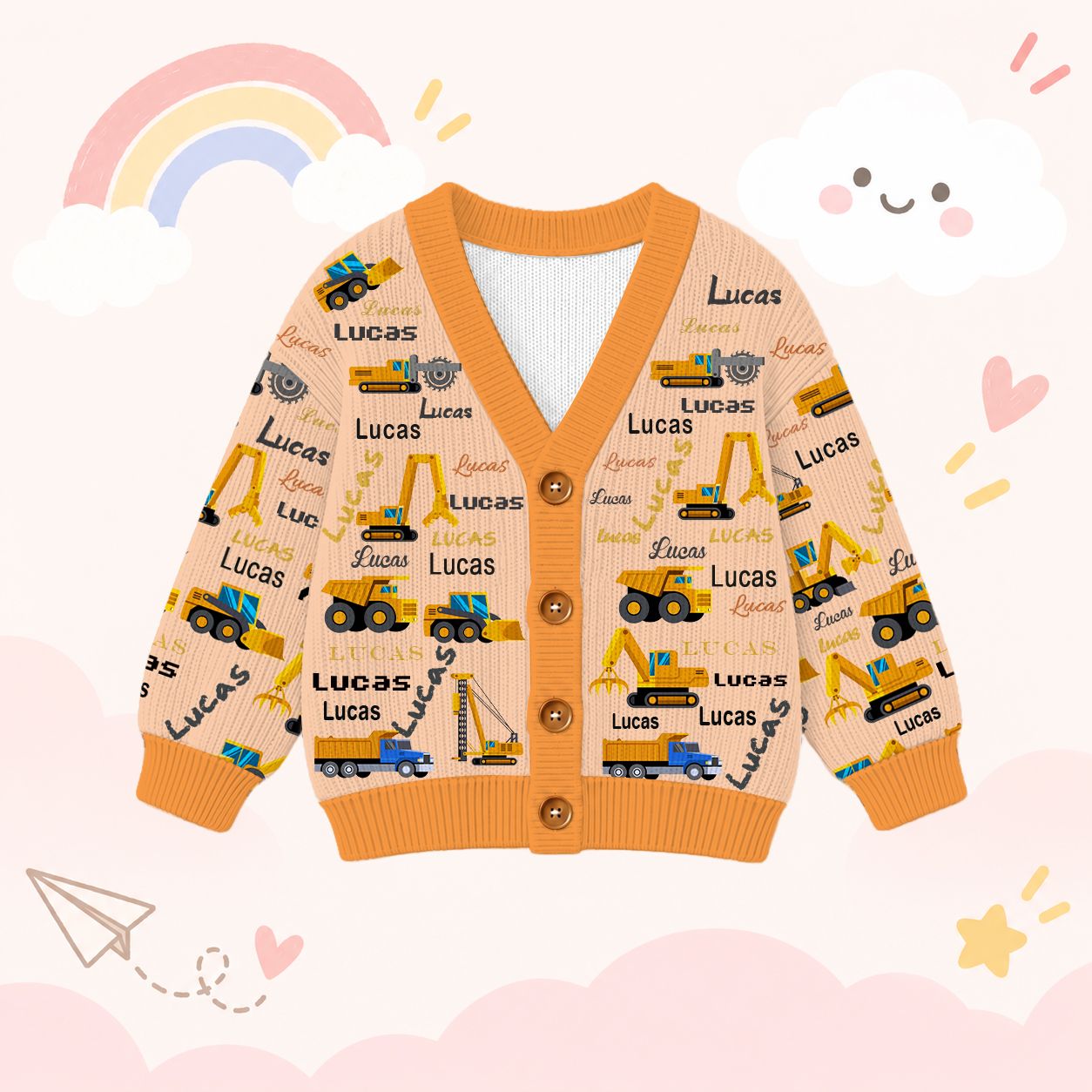 Personalized Lovely Kids Construction Vehicle Knit Sweater | CWSweater24