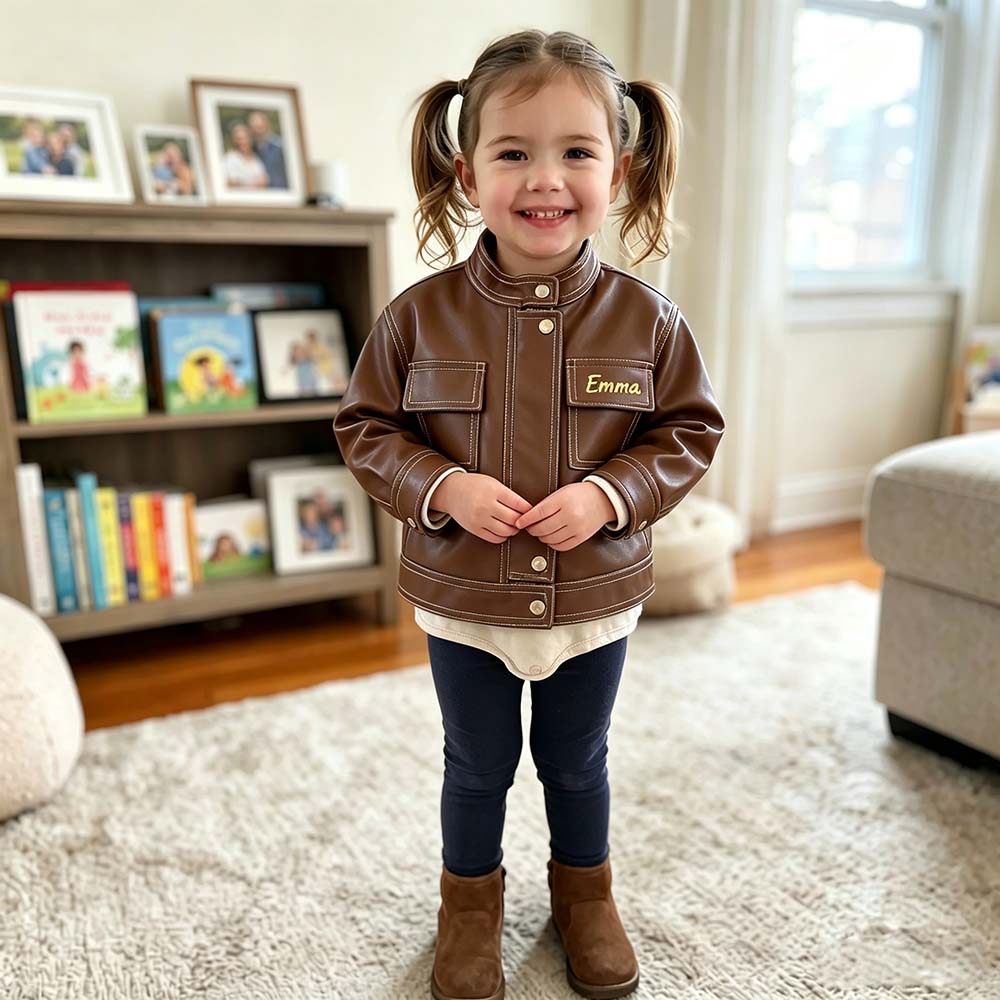 Personalized Embroidered Long-Sleeved Leather Jacket For Girls | CWBaby541