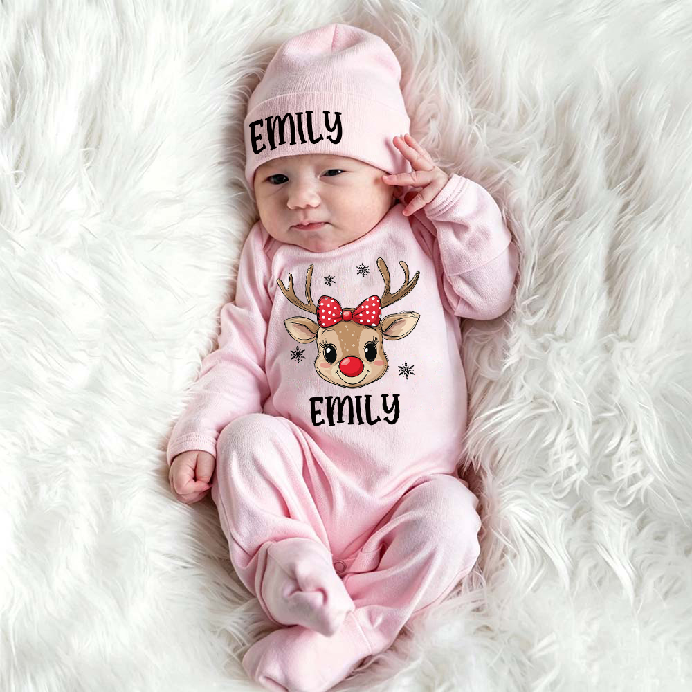 Personalized Baby Christmas Reindeer Romper & Hat Set | MCGift421
