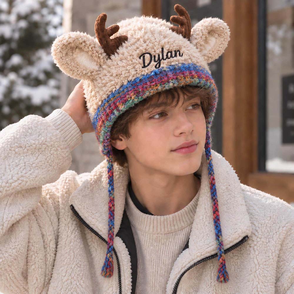 Personalized Embroidered Kids Christmas Reindeer Winter Hat | HSKid106