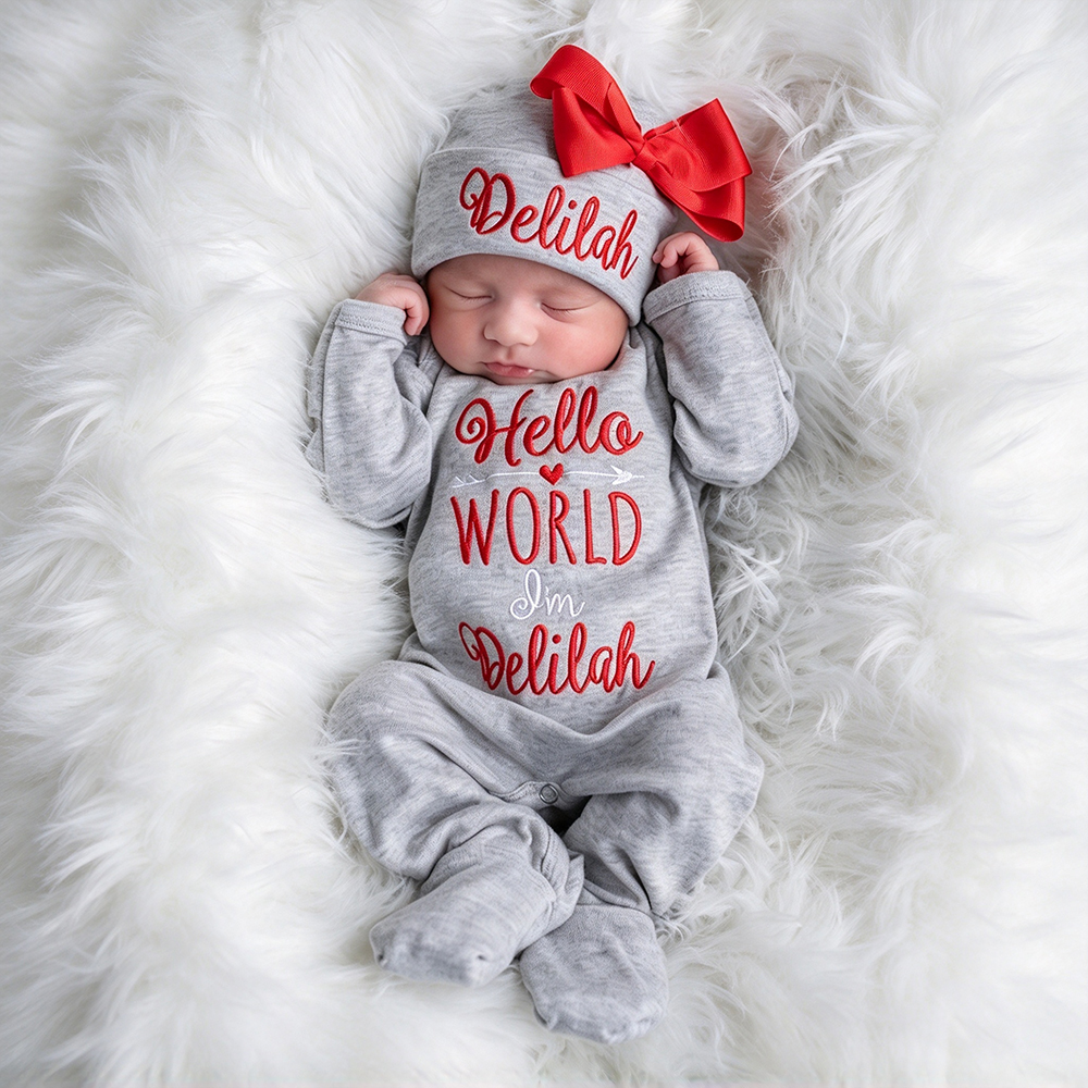 Personalized Embroidery Baby Girl Coming Home Romper and Hat Set | CWBaby425