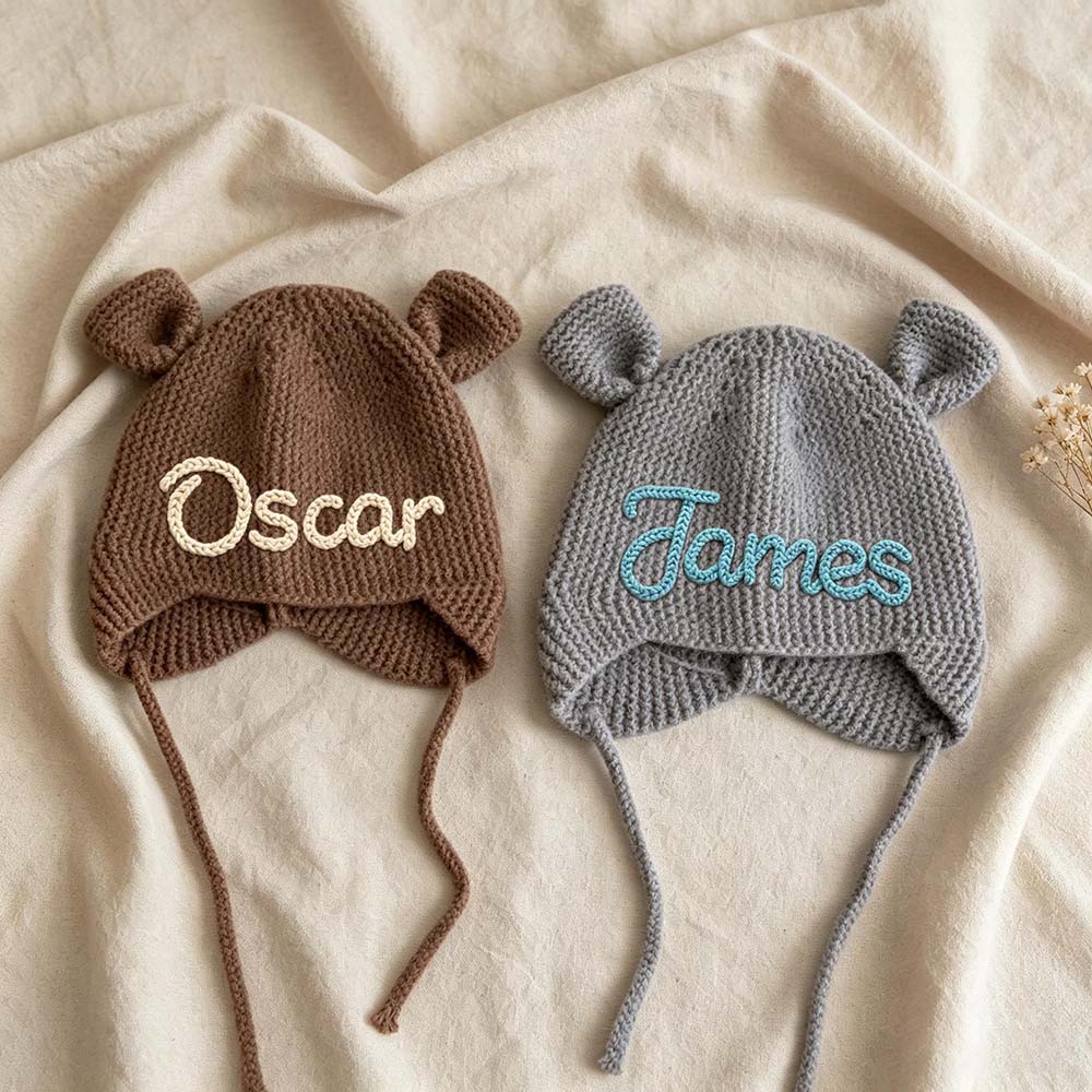 Personalized Hand Embroidered Bear Ears Baby Knit Beanie Hat | CWBaby563