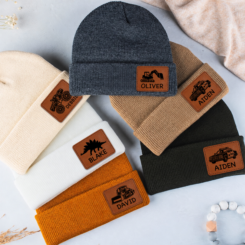 Personalized Kids Dinosaur & Excavator Leather Patch Beanie Hat | HSKid100