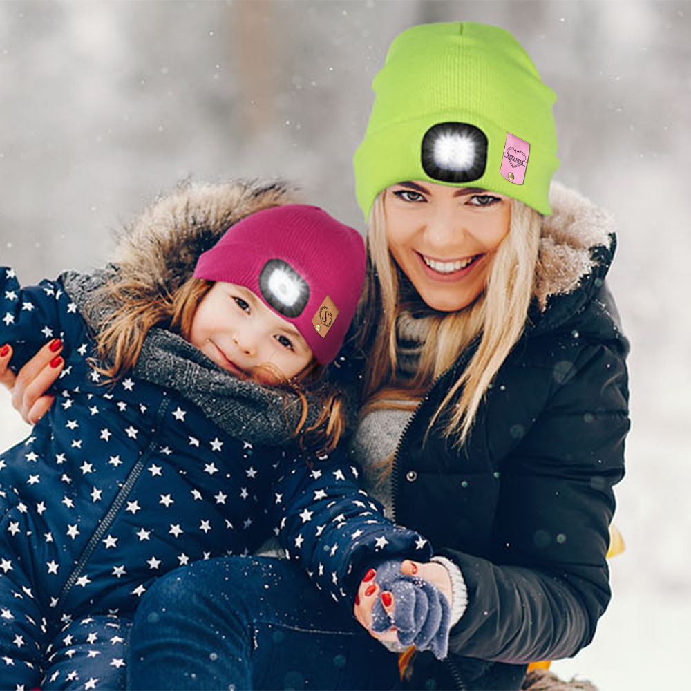 Personalized Kids Leather Tag Beanie with Headlamp | HSKid32