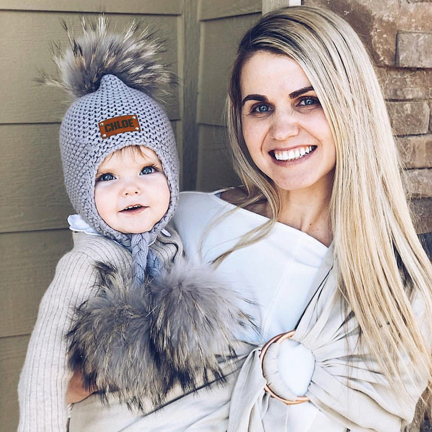 Personalized Leather Patch  Pom Pom Knit Hat With Tassels | HSKid46