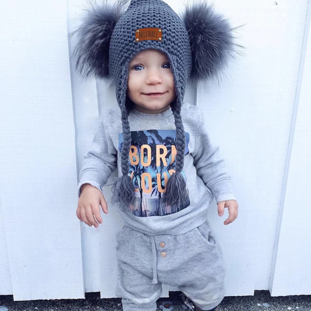 Personalized Leather Patch Pom Pom Knit Hat With Tassels | HSKid47