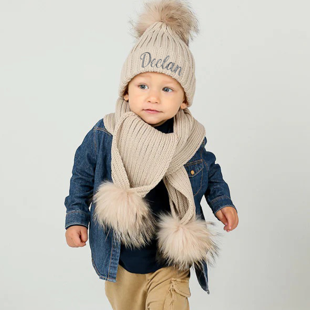 Personalized Embroidery Kid Pom Pom Hat With Scarf | HSKid48