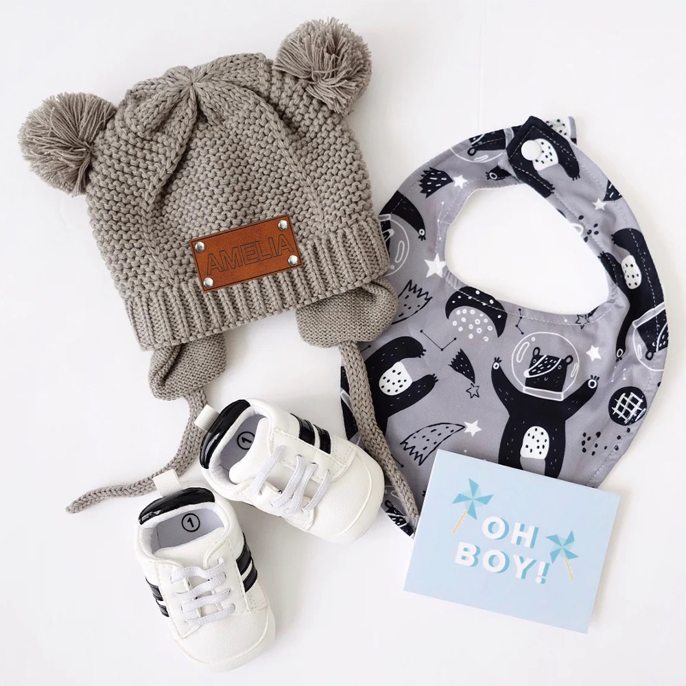 Personalized Leather Patch Pom Pom Knit Hat With Tassels | HSKid50