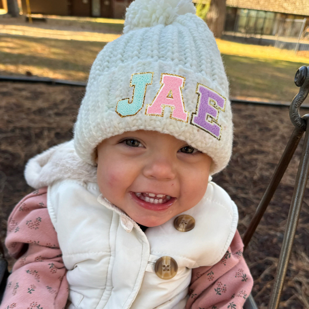 Personalized Lovely Chenille Patch Pom Pom Beanie| HSKid52