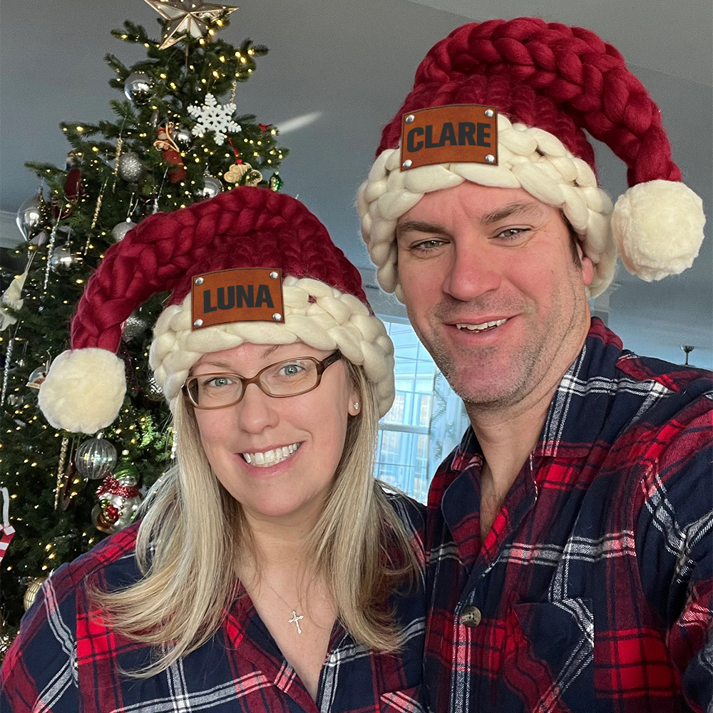Personalized Leather Patch Chunky Knit Oversized Christmas Hat | MCGift97