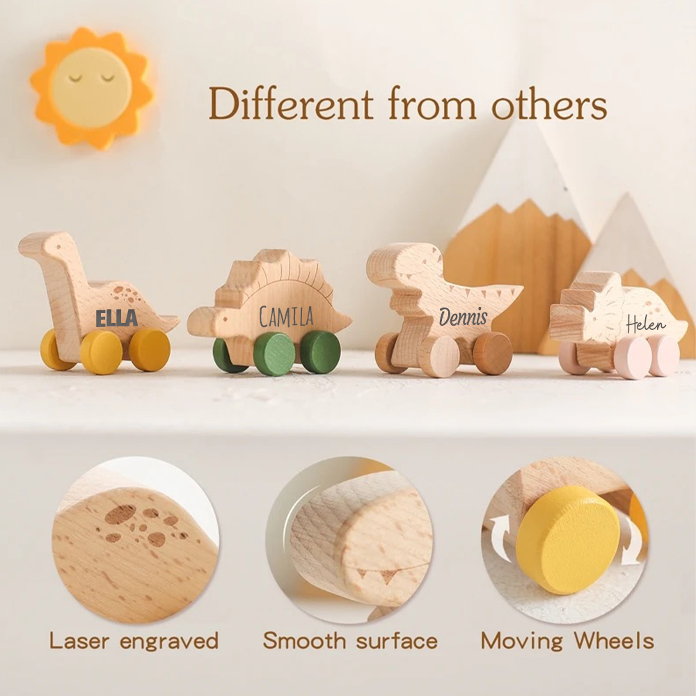Personalized Natural Wooden Early Education Dinosaur Cars Toy Trolley | CWToy103