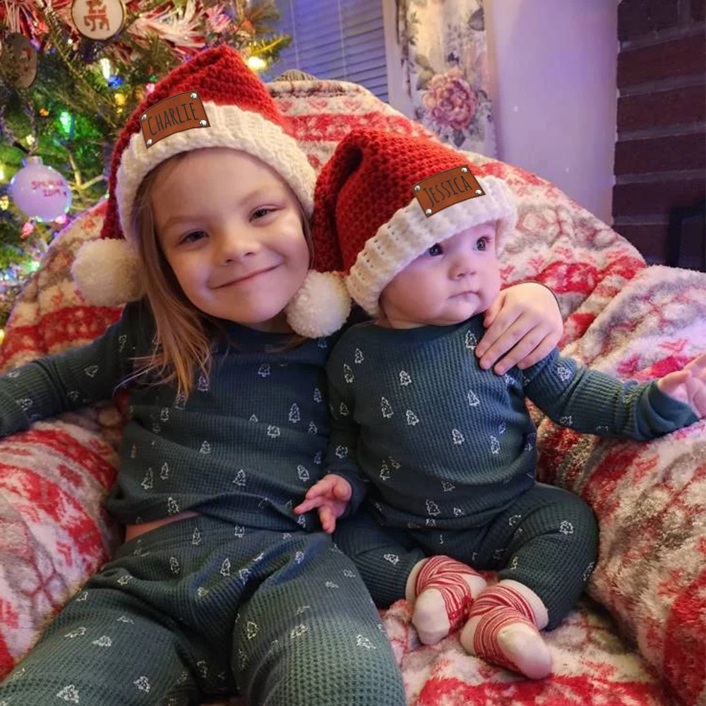 Personalized Leather Patch Crochet Christmas Santa Hat | MCGift98