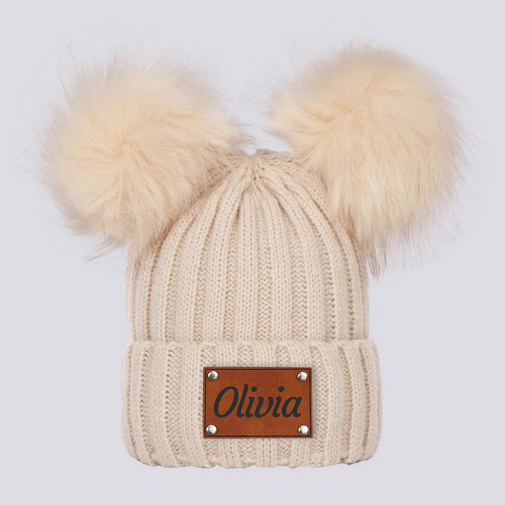 Personalized Leather Patch Kid Pom Pom Hat and Scarf | HSKid0101