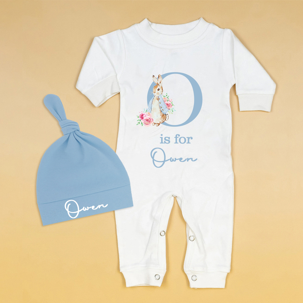 Personalized Baby Bunny Monogram Ropmer and Hat Set | CWBaby140