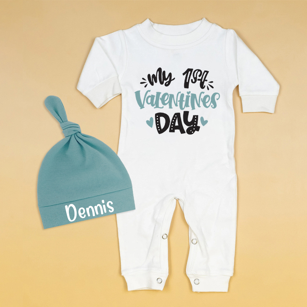 Personalized Baby First Valentine Ropmer and Hat Set | CWBaby145