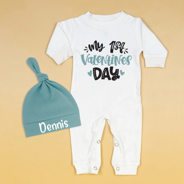 Personalized Baby First Valentine Ropmer and Hat Set | CWBaby145