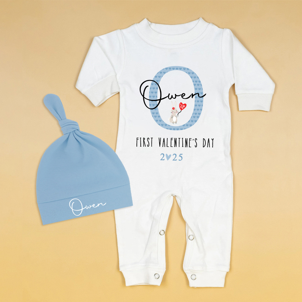 Personalized Baby First Valentine Ropmer and Hat Set | CWBaby147
