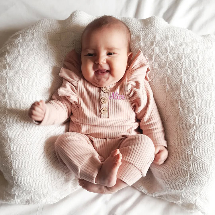 Personalized Baby Girls Ruffle Knit Bodysuit | CWBaby150