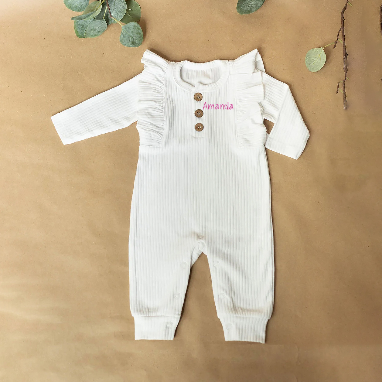 Personalized Embroidery Baby Girls Ruffle Ribbed Knit Romper | CWBaby150