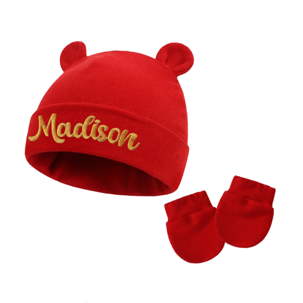 Personalized Embroidery Bear Newborn Homecoming Hat and Gloves Set | HSKid56