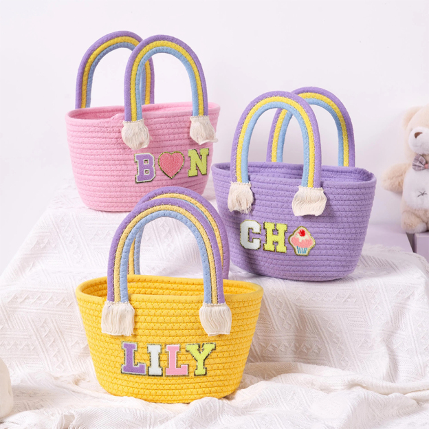 Personalized Kids Chenille Patch Cotton Rope Woven Tote Bag | CWBeach15401