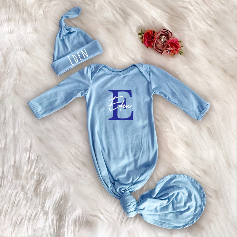 Personalized Cozy Newborn Gown with Knotted Hat | CWbaby33
