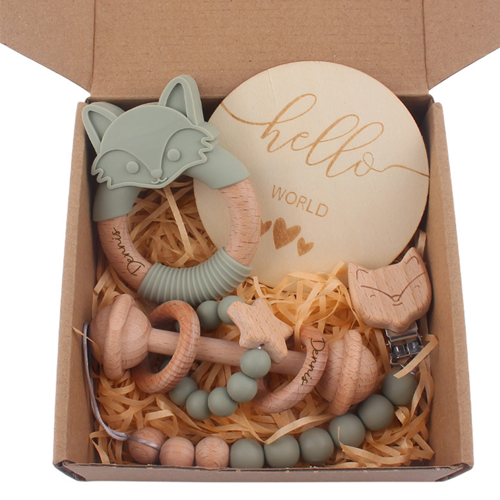 Personalized Baby Wooden Fox Pacifier Clip 4 Pcs Gift Set | CWBaby113