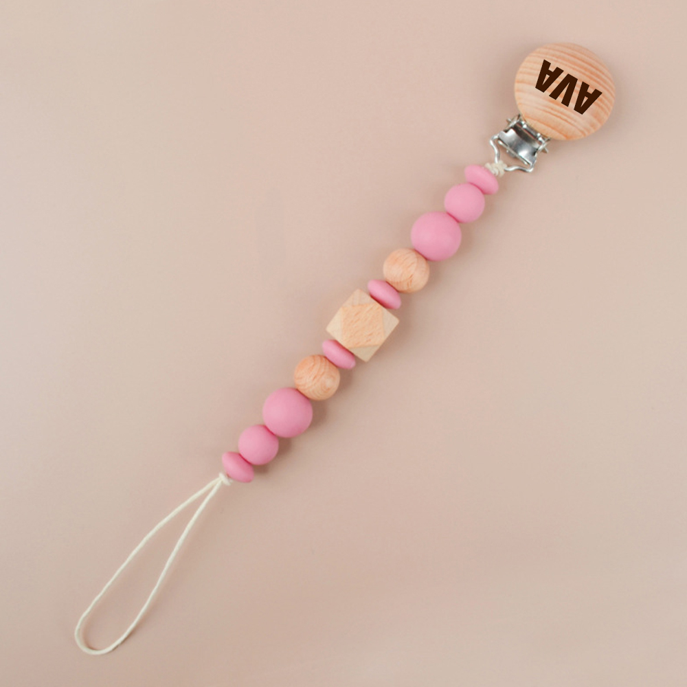 Personalized Baby Pacifier Silicone Wooden Bead Clip | CWBaby115