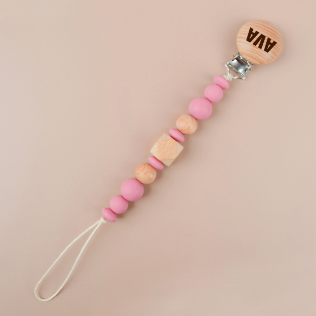 Personalized Baby Pacifier Silicone Wooden Bead Clip | CWBaby115