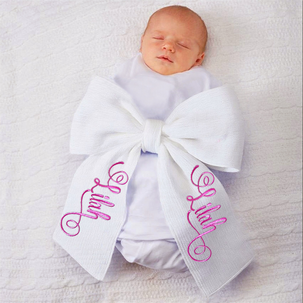 Personalized Embroidery Organic Cotton Yarn Baby Bow Sash | CWBaby261