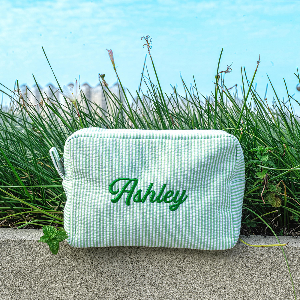Personalized Embroidered Seersucker Striped Makeup Bag | CWPack295
