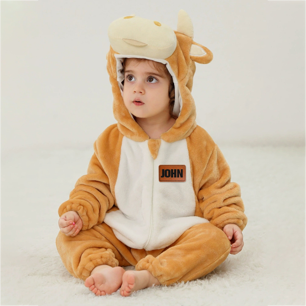 Personalized Leather Patch Baby Animal Warm Onesie  | CWBaby284