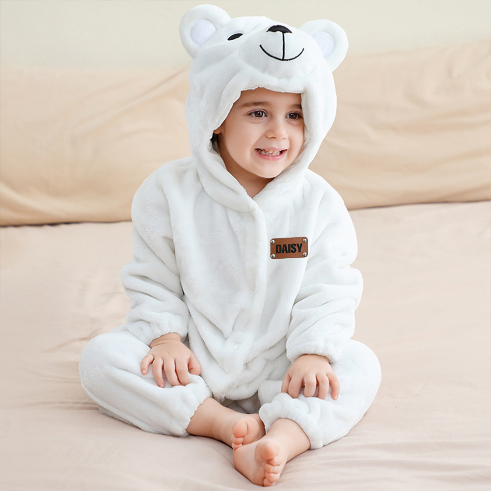Personalized Leather Patch Baby Lovely Bear Animal Romper | CWBaby288