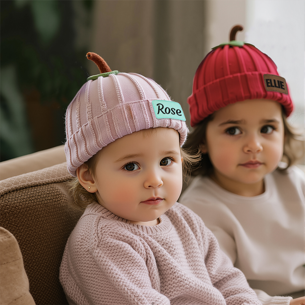 Personalized Leather Patch Pumpkin Wool Beanie | CWHalloween46