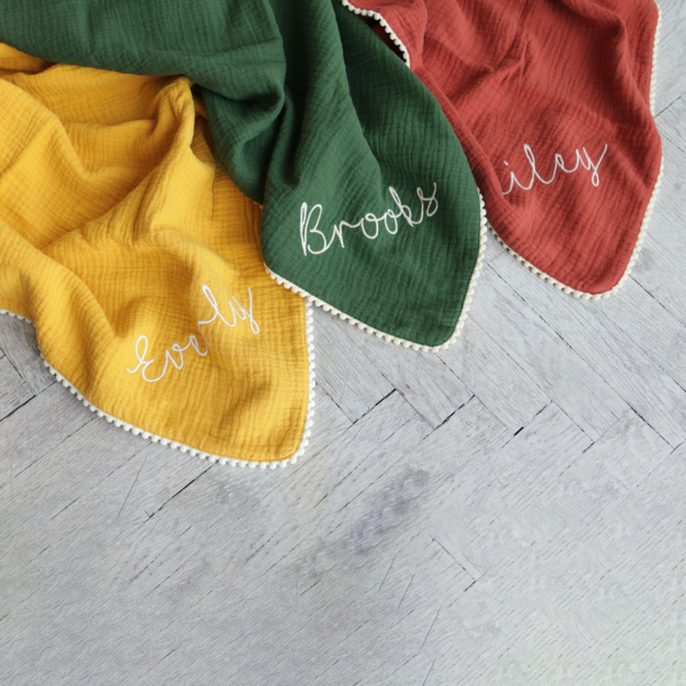 Personalized Embroidered Swaddle Muslin Pom Pom Blanket | CWBaby46