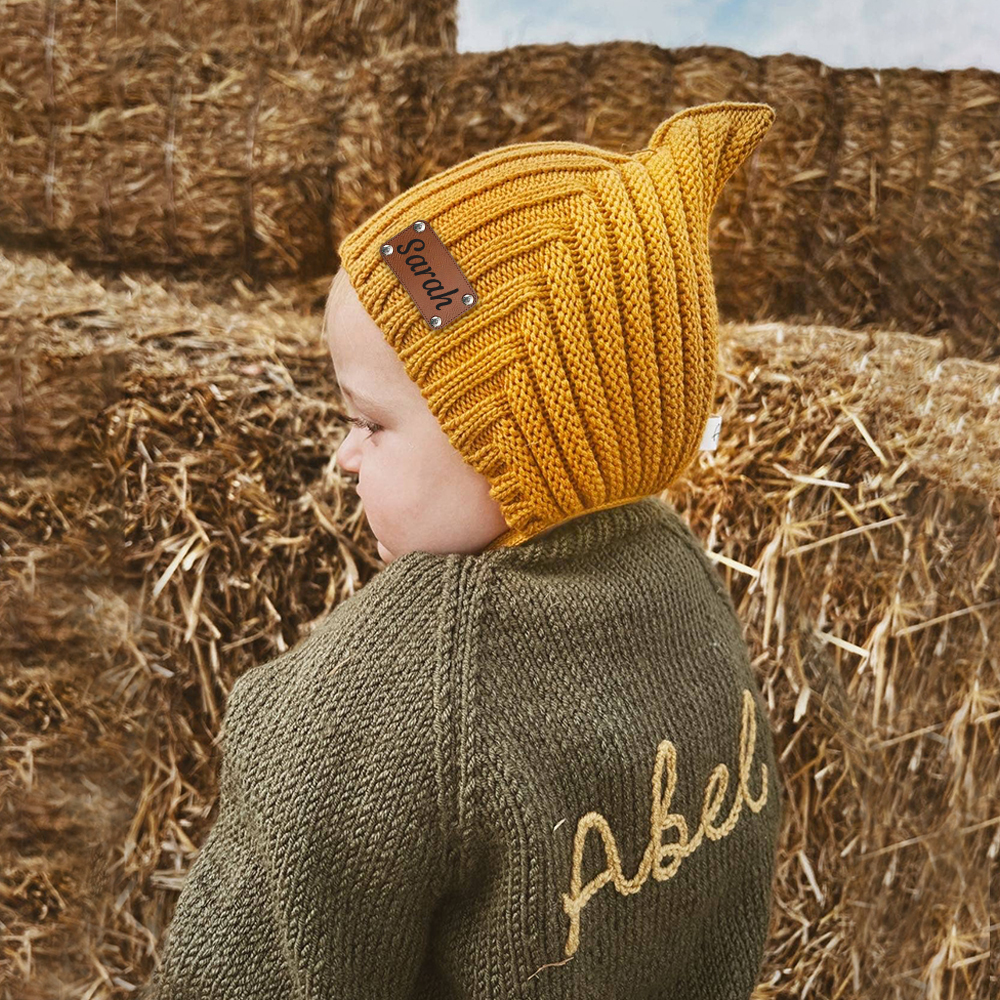 Personalized Leather Patch Knit Pixie Hats | HSKid58