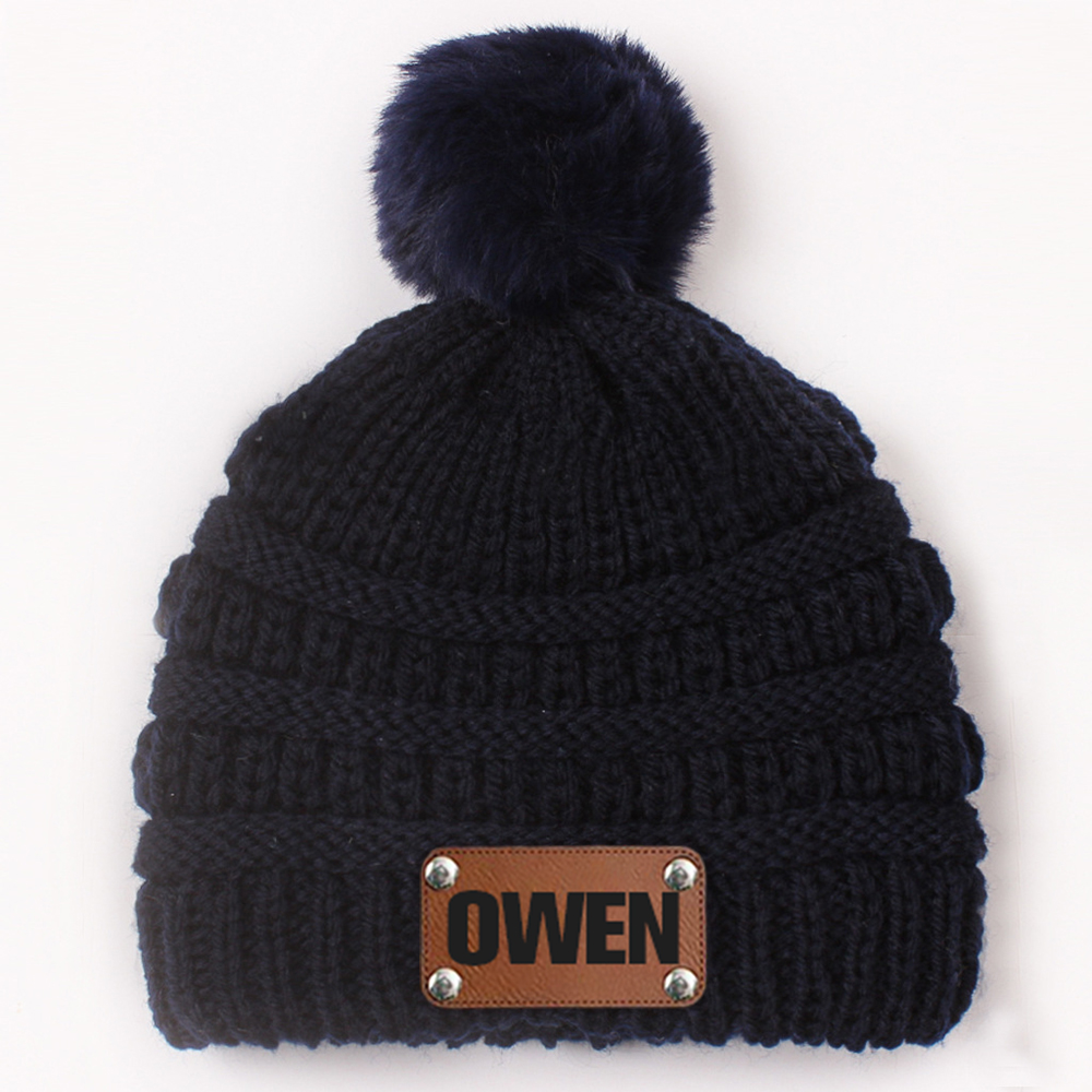 Personalized Leather Patch Kid Colorful Pom Pom Hat | HSKid63