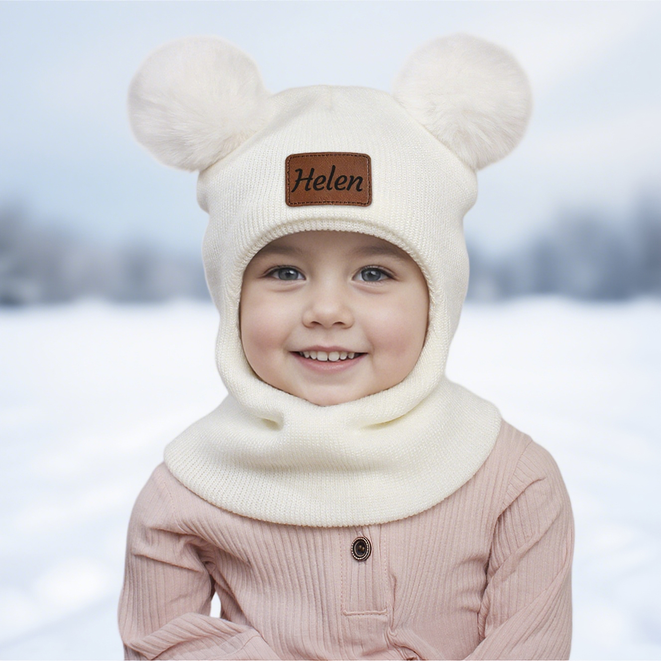 Personalized Kid Winter Warm Knitted PomPom Hat Scarf | HSKid64