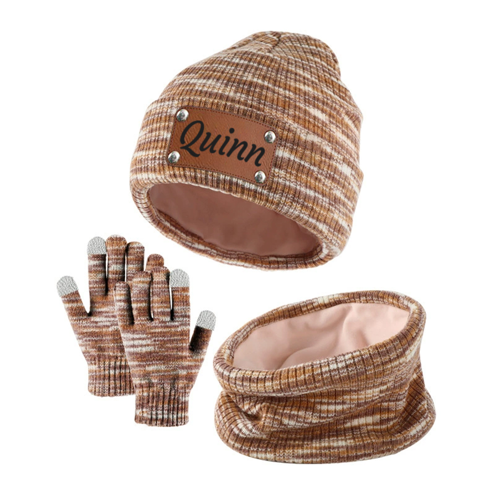 Personalized Leather Patch Kid Winter Hat Glove Scarf Set | HSKid69