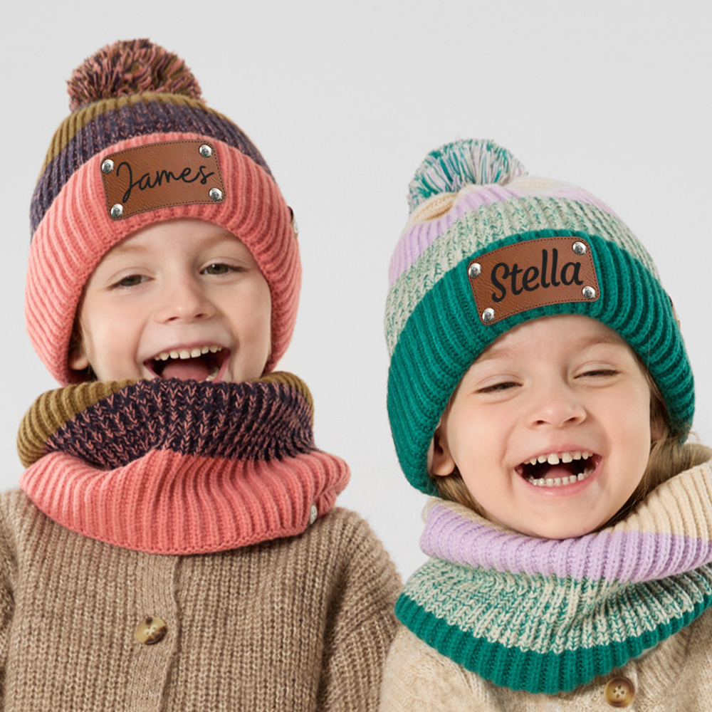Personalized Leather Patch Kid Winter Hat Glove Scarf Set | HSKid70