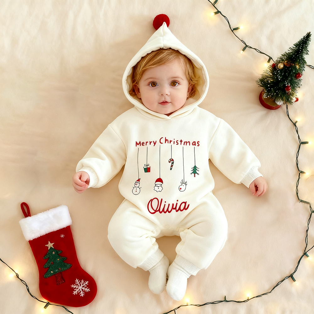 Personalized Baby First Christmas Warm Hoodie Romper | CWBaby330
