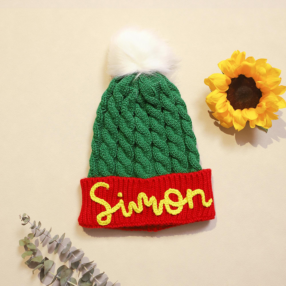 Personalized Hand Embroidery Christmas Pom Pom Hat | HSKid71