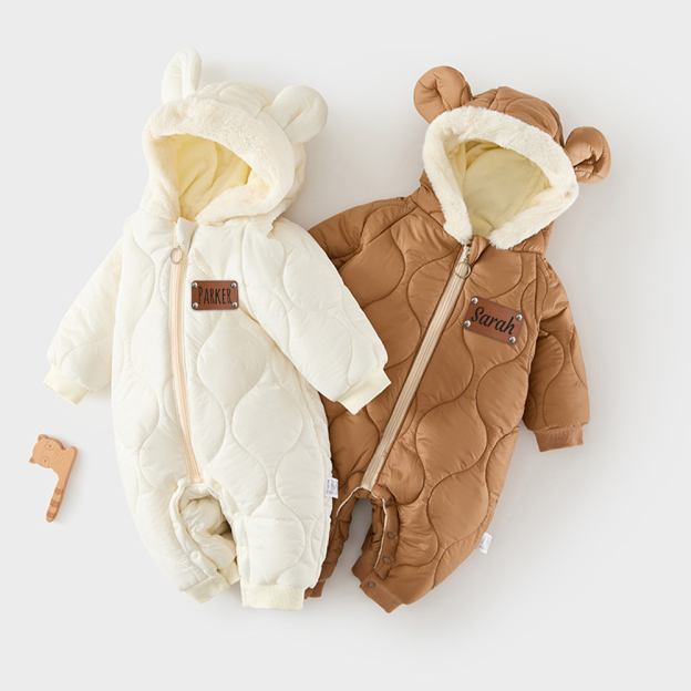 Personalized Leather Patch Kids Thickened Puffer Romper | CWBaby334