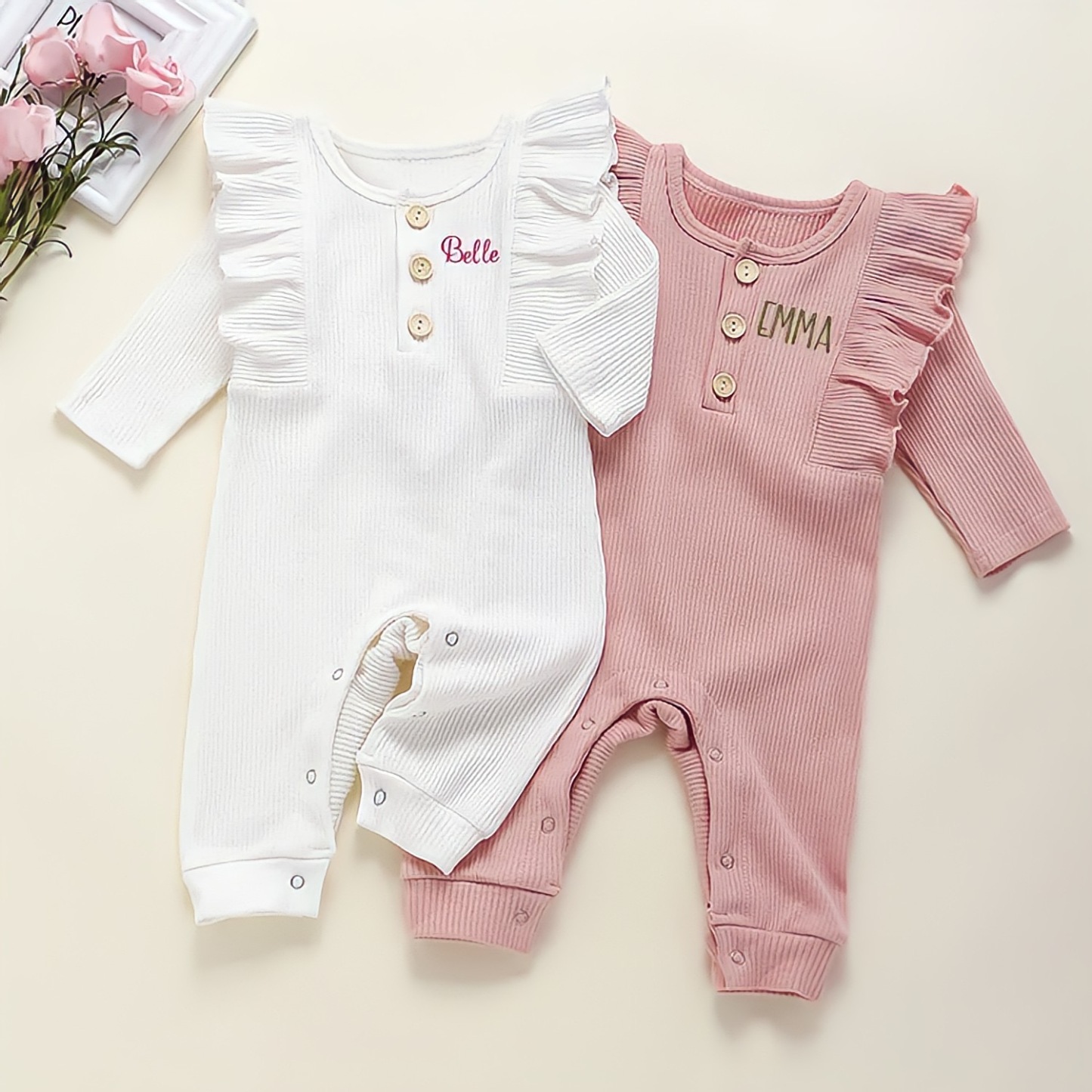 Personalized Embroidery Baby Girls Ruffle Ribbed Knit Romper | CWBaby150