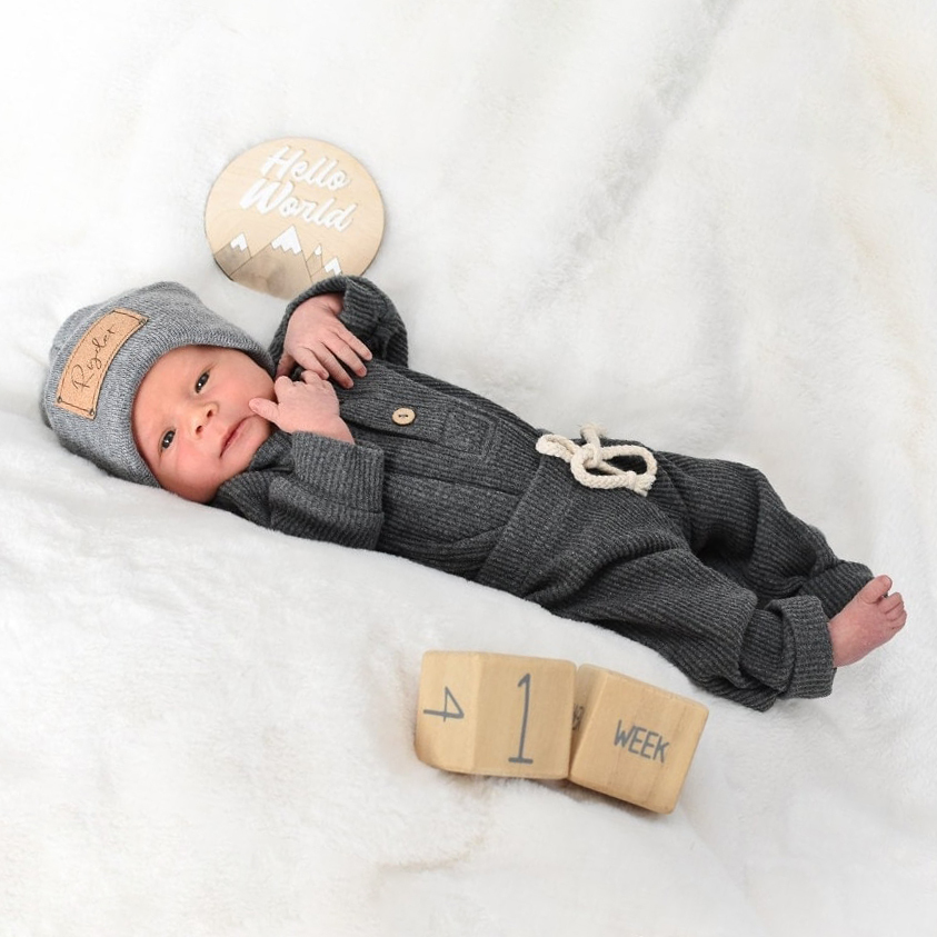 Personalized Leather Patch Baby Beanie Outfit Set | CWBaby84
