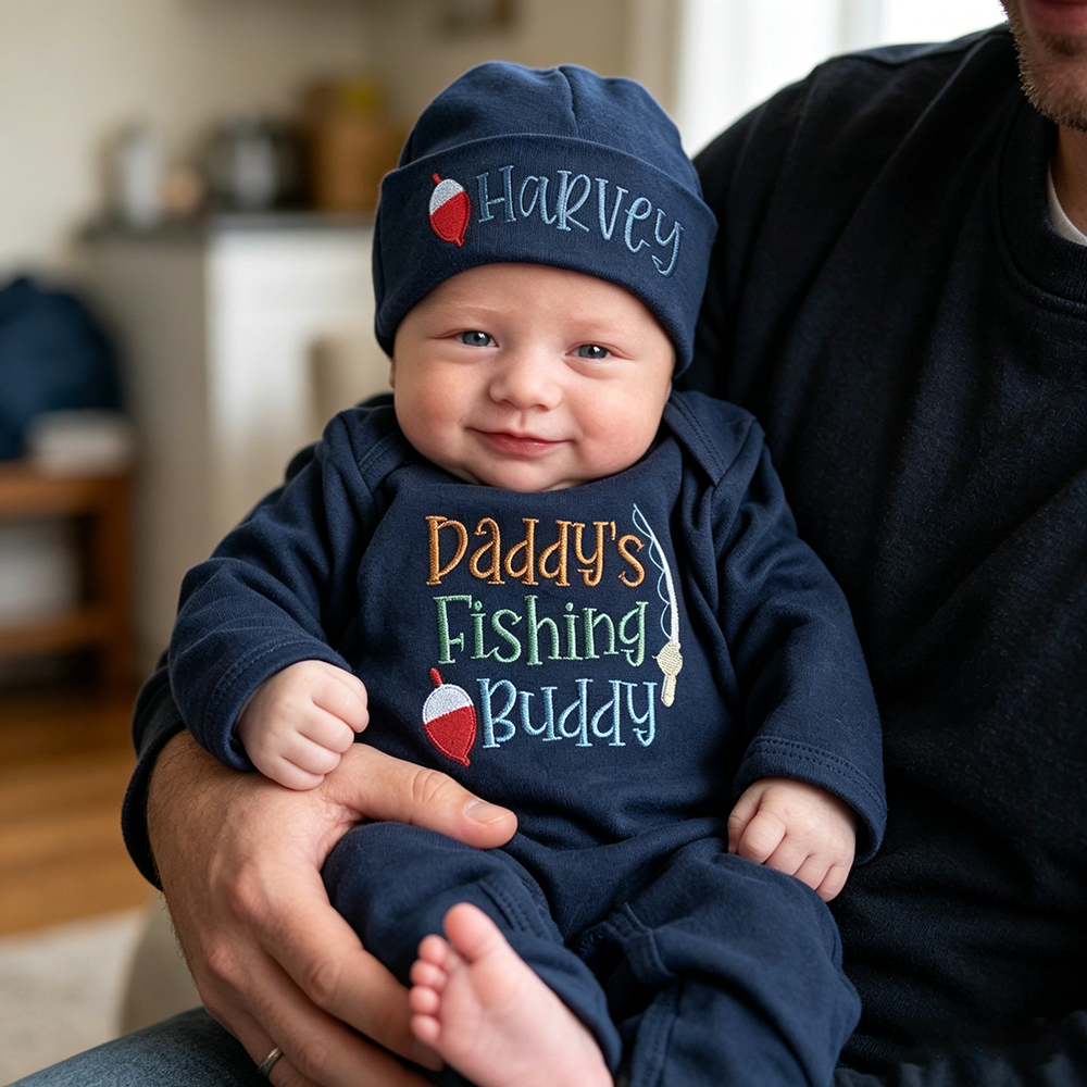 Personalized Embroidery Daddy's Fishing Buddy Romper and Hat Set | CWBaby481