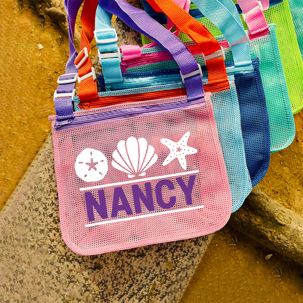Personalized Seashell Zipper Mesh Beach Bag | CWBeach0102