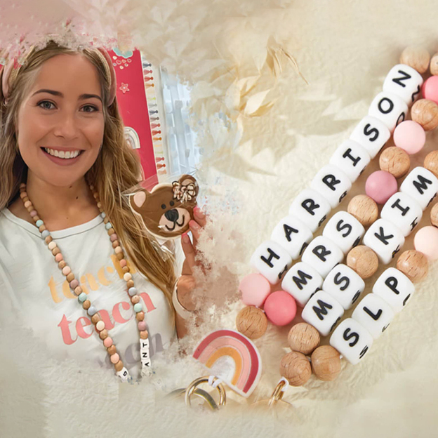Personalized Teacher Lanyard Beaded Wooden for Teacher Appreciation Gift | CWTeach02